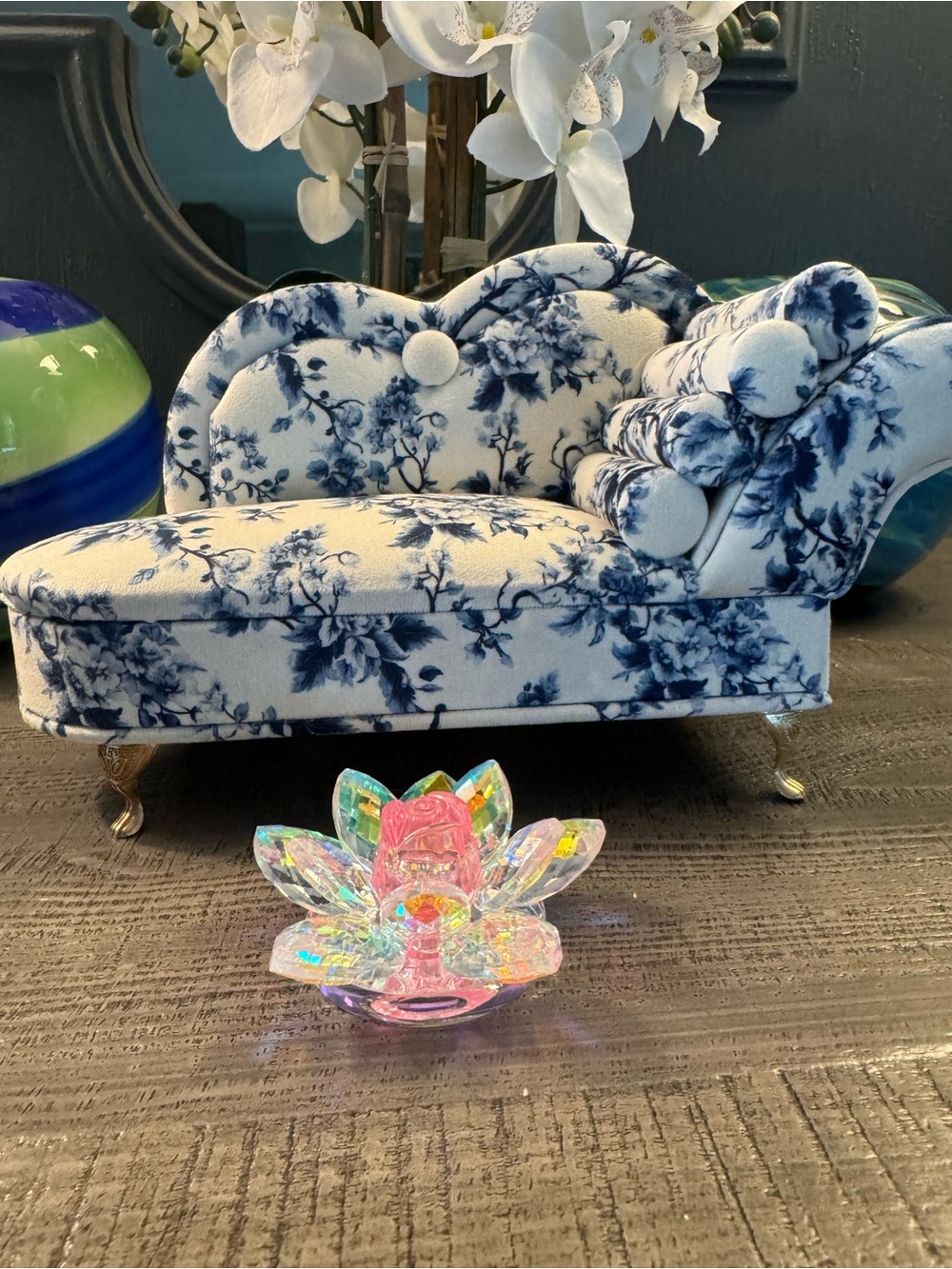Jewelry Box Chaise in Beautiful Blue Floral
